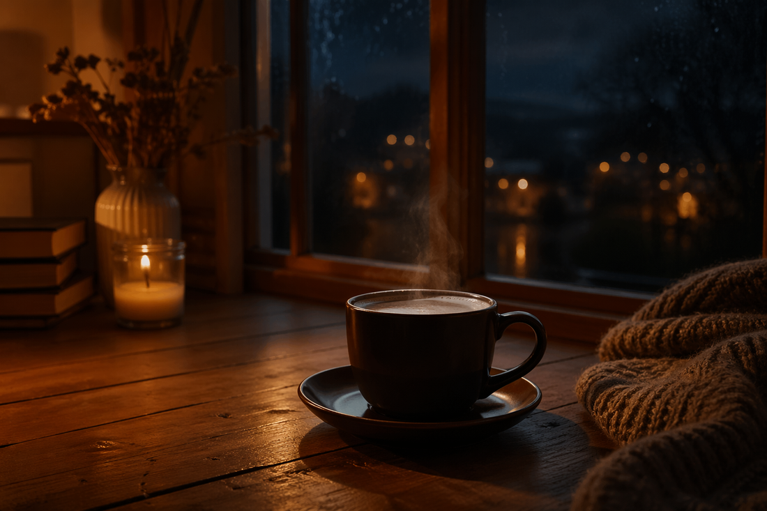 Coffee at night in a cozy evening setting with warm lighting
