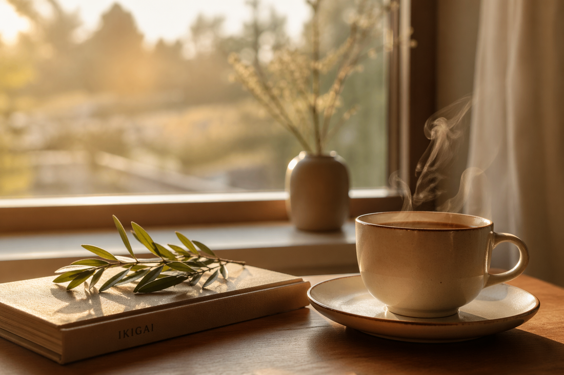 Coffee morning routine with sunlight and calm setting