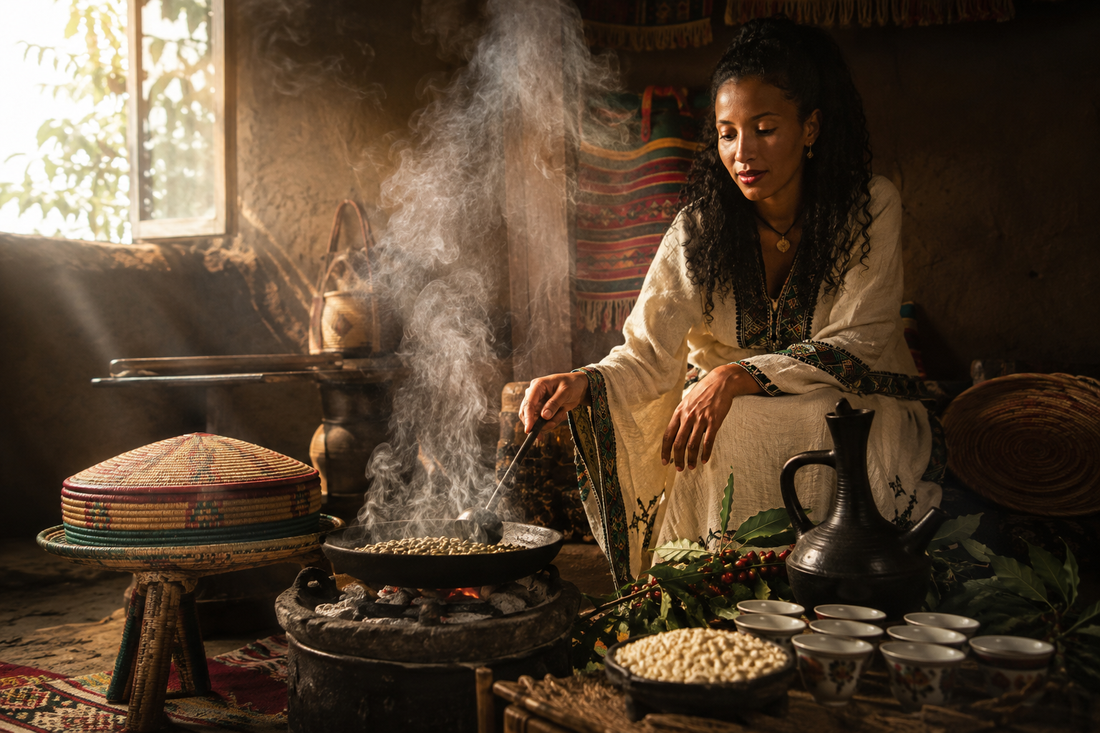 Traditional Ethiopian coffee ceremony with freshly roasted coffee beans and a clay jebena pot